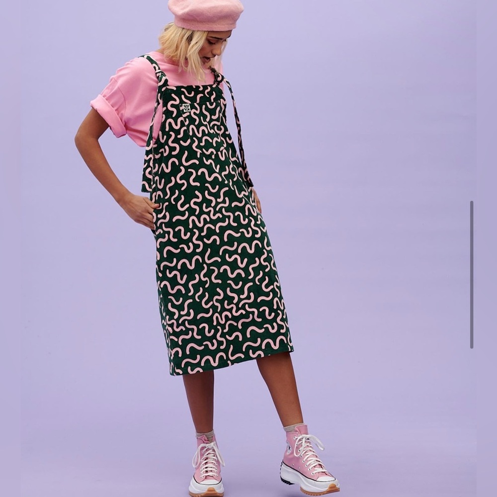 Lucy & Yak Freyja Pini dress, Mel print corduroy — midi length